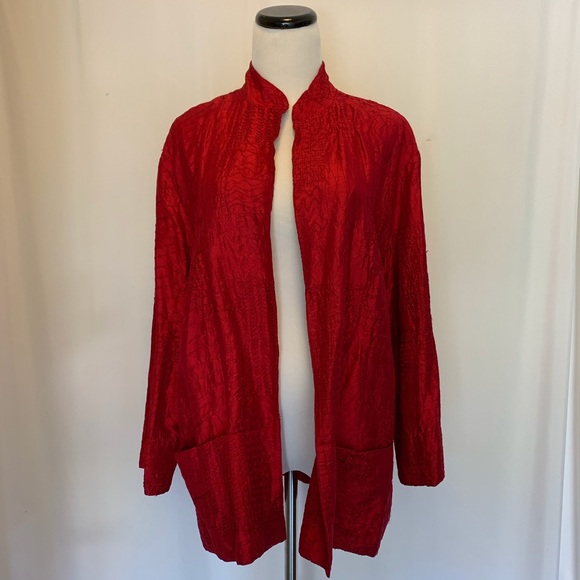 Chico’s Red Silk Embroidered Jacket Size 1 (S/M) - Picture 5 of 8